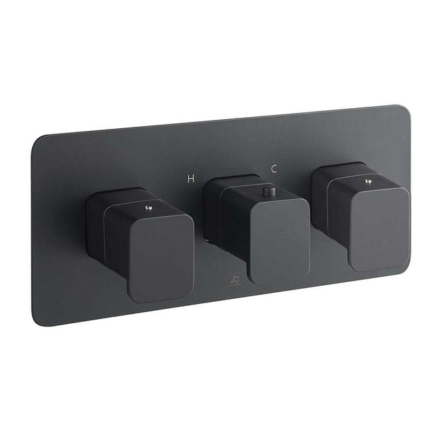 Matt black JTP Hix twin outlet thermostatic concealed horizontal shower valve with minimalist design