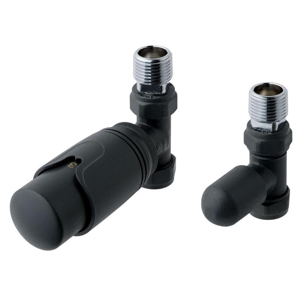 Eastbrook Straight Thermostatic Radiator Valves and Lockshield 15mm - Matt Black - 41.3022 - TAP 'N' SHOWER