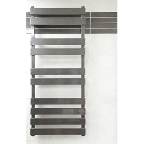Radox Torro 1440mm H x 500mm W anthracite designer heated towel rail with contemporary horizontal bars.