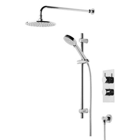Tavistock Quantum Concealed chrome dual function shower system with fixed head, multifunction handset, adjustable riser rail, and thermostatic valve controls