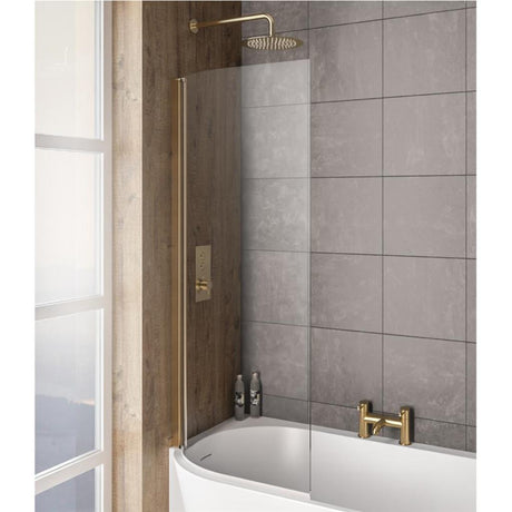 Eastbrook Bray 6mm Curved Hinged Bath Screen Left Hand 1400mm x 730mm - Brushed Brass - 49.2016 - TAP 'N' SHOWER