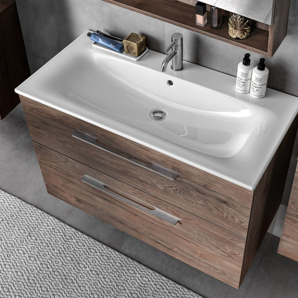 Geberit Selnova Two Drawer Slim - Rim Basin & Cabinet Set 800mm - Hickory - 501.242.00.1 - TAP 'N' SHOWER