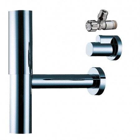Hansgrohe Bottle Trap Flowstar with chrome finish and angle valves for efficient bathroom plumbing.