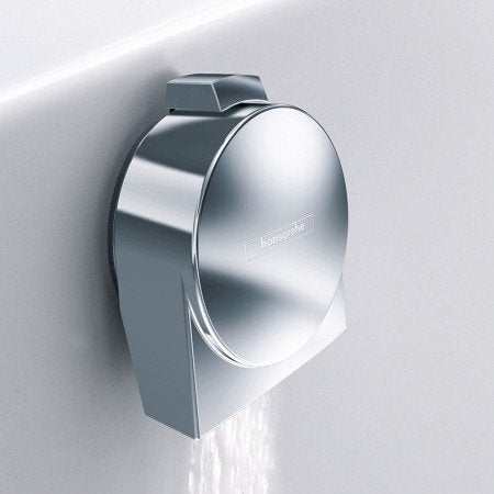 Hansgrohe Exafill S Finish chrome bath filler waste and overflow set installed on wall with water flow