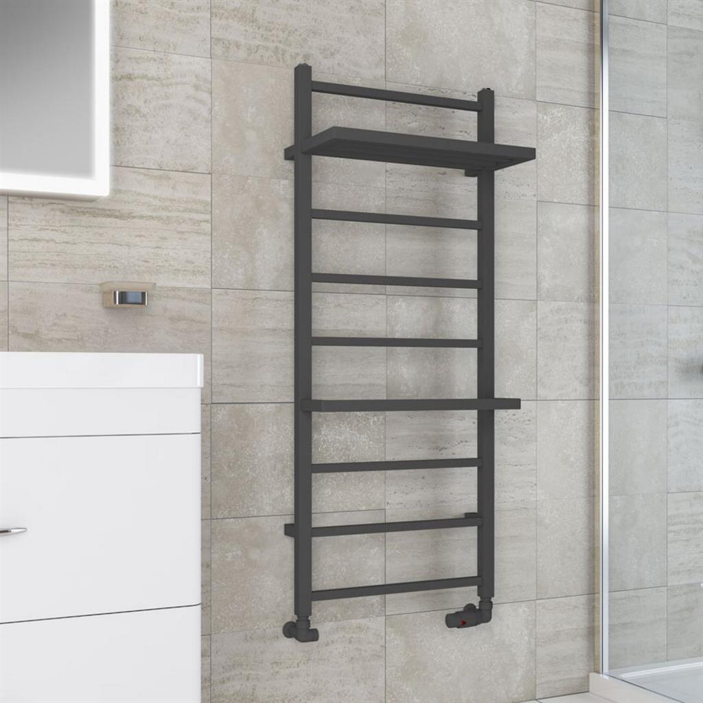 Eastbrook Launton Straight Ladder Towel Radiator With Shelves 1200mm x 500mm - Matt Anthracite - 61.0064 - TAP 'N' SHOWER