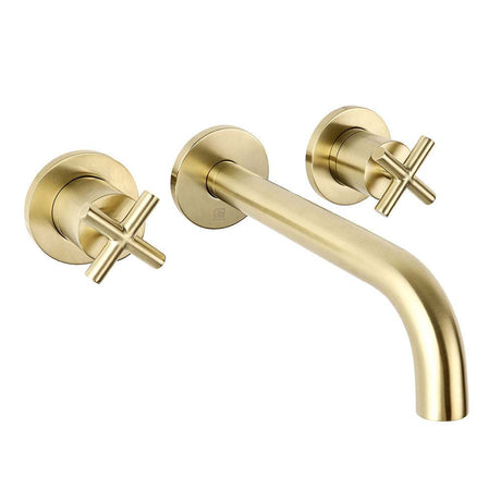 JTP Solex 3 Hole wall-mounted basin mixer in brushed brass with dual lever controls and durable brass construction