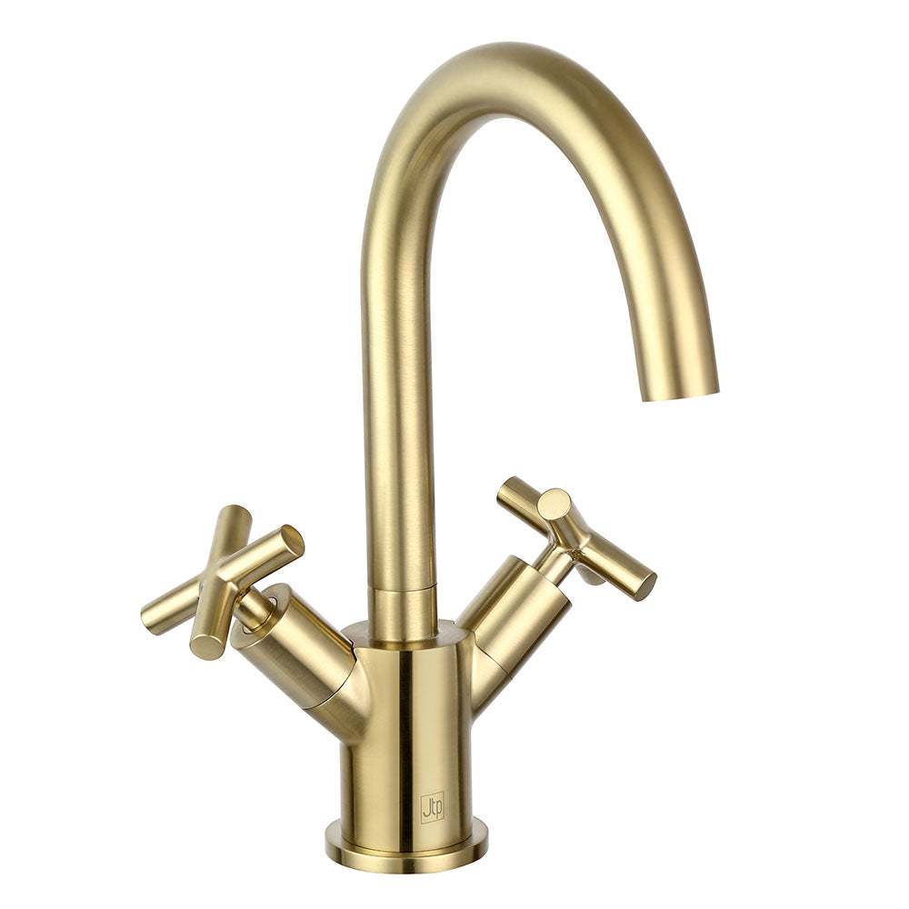 JTP Solex Swivel Spout brushed brass basin mixer with dual handles and curved spout