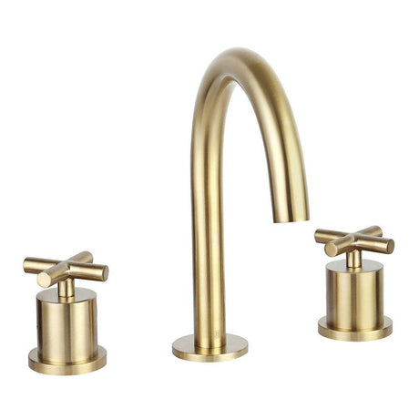 JTP Solex 3 Hole Deck Mounted Brushed Brass Basin Mixer with swivel spout and ceramic disc technology