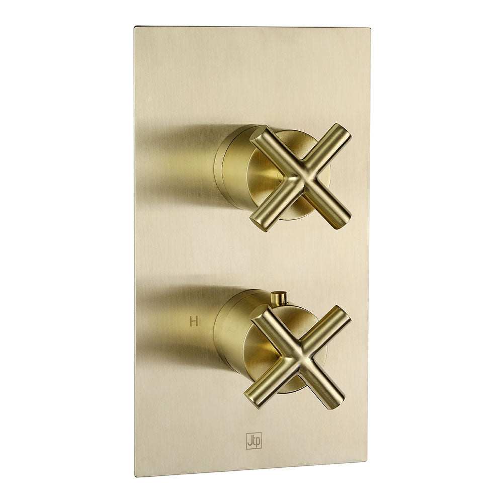 JTP Solex Twin Outlet thermostatic concealed shower valve in brushed brass with dual cross handles and sleek rectangular plate