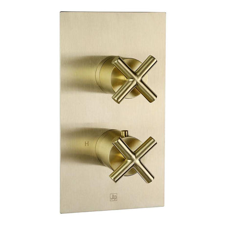 JTP Solex Twin Outlet thermostatic concealed shower valve in brushed brass with dual cross handles and sleek rectangular plate