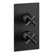 JTP Solex Twin Outlet thermostatic concealed shower valve in matt black finish with dual control knobs