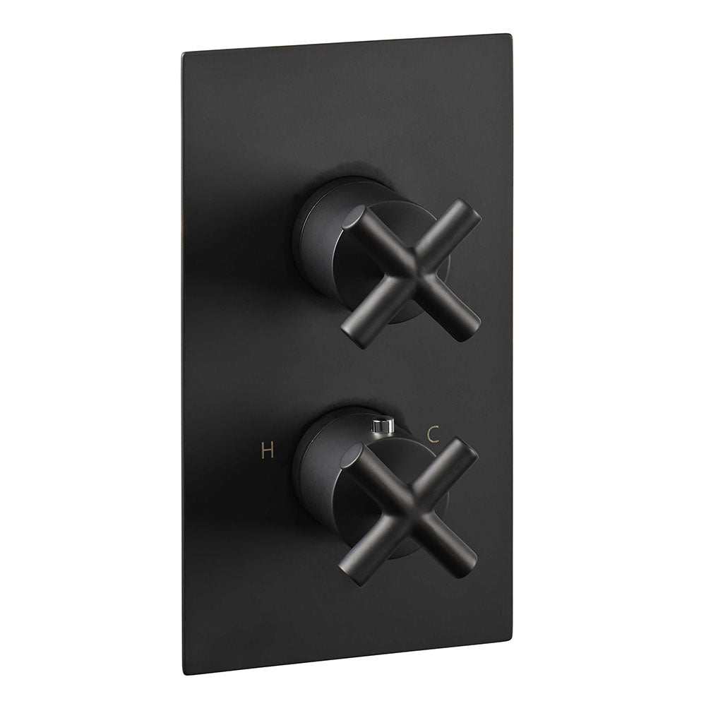 JTP Solex Twin Outlet thermostatic concealed shower valve in matt black finish with dual control knobs