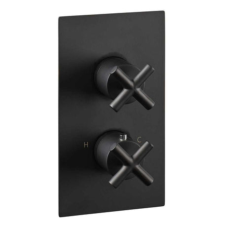 JTP Solex matt black thermostatic concealed single outlet shower valve with dual cross handles for temperature control