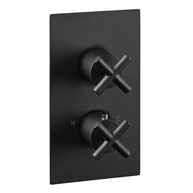 JTP Solex matt black thermostatic concealed single outlet shower valve with dual cross handles for temperature control