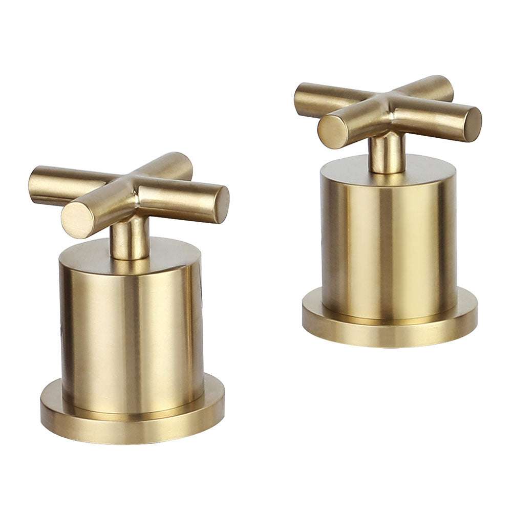 Pair of JTP Solex deck mounted panel valves in brushed brass finish for bathroom fittings