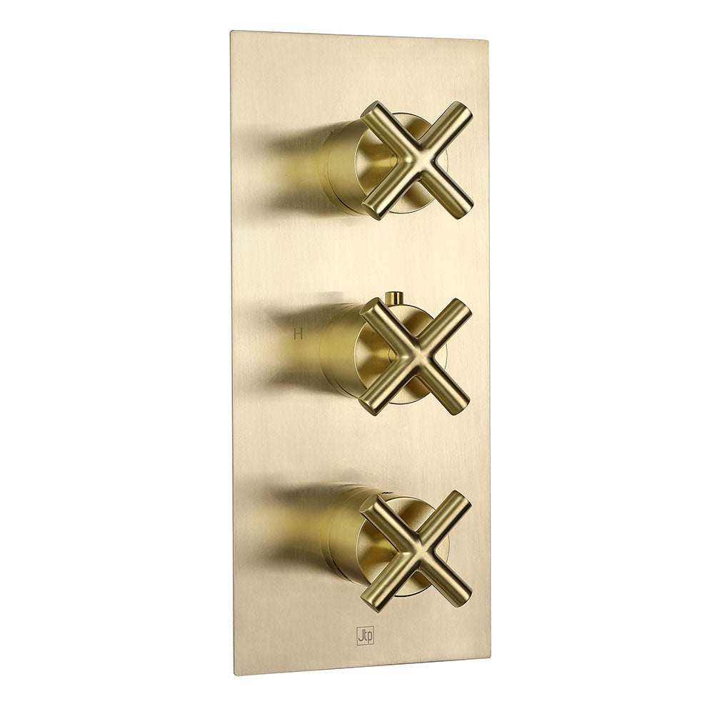 JTP Solex Triple Outlet thermostatic concealed shower valve in brushed brass with vertical installation and three cross handles