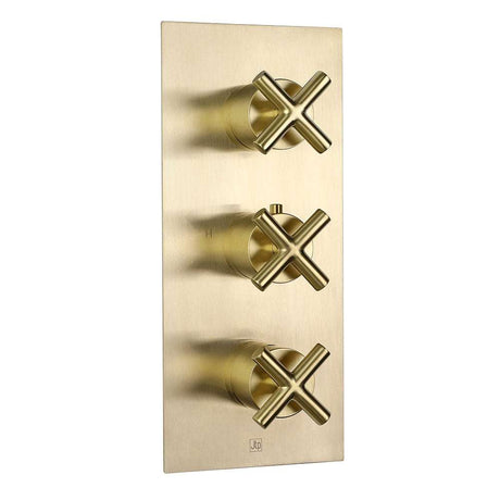JTP Solex Triple Outlet thermostatic concealed shower valve in brushed brass with vertical installation and three cross handles