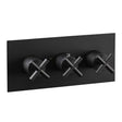 JTP Solex Twin Outlet matt black thermostatic concealed horizontal shower valve with three cross handles