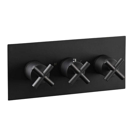JTP Solex Twin Outlet matt black thermostatic concealed horizontal shower valve with three cross handles