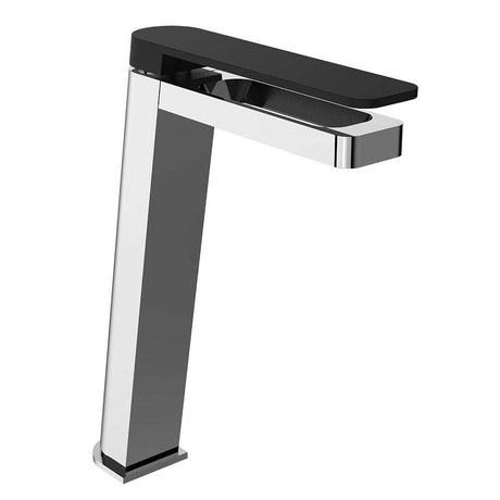 JTP Axel Tall single lever chrome basin mixer with matt black handle for modern bathrooms