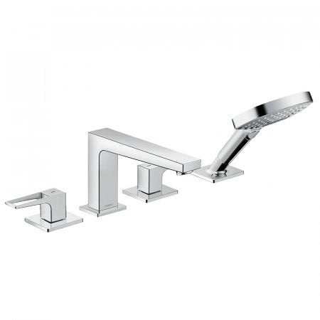Hansgrohe Metropol 4-hole rim-mounted chrome bath mixer with loop handles and hand shower
