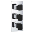 JTP Axel Concealed triple outlet thermostatic shower valve with vertical chrome plate and matt black square handles