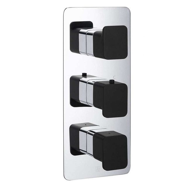 JTP Axel Concealed triple outlet thermostatic shower valve with vertical chrome plate and matt black square handles