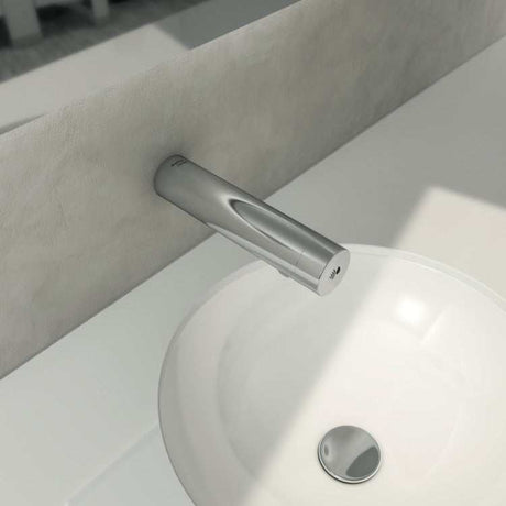 Chrome Armitage Shanks Sensorflow E Mains Panel mounted touchless basin tap over white sink