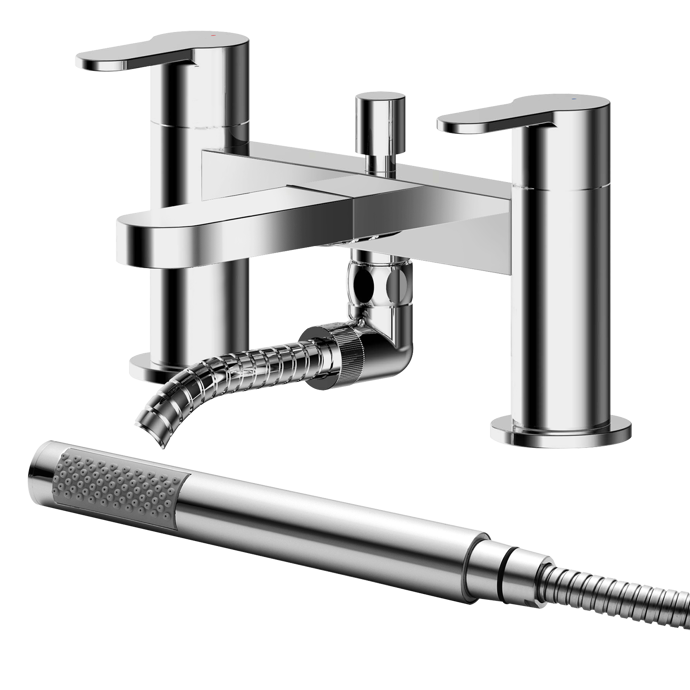 Nuie Arvan Modern Pillar Mounted Bath Shower Mixer Tap with Shower Kit - Chrome - ARV304