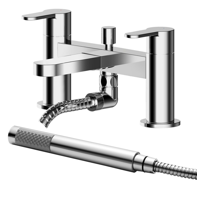 Nuie Arvan Modern Pillar Mounted Bath Shower Mixer Tap with Shower Kit - Chrome - ARV304