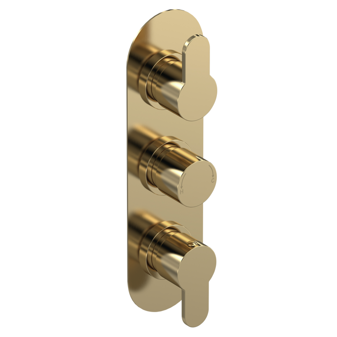 Nuie Arvan Diverter triple handle thermostatic concealed shower valve in brushed brass finish