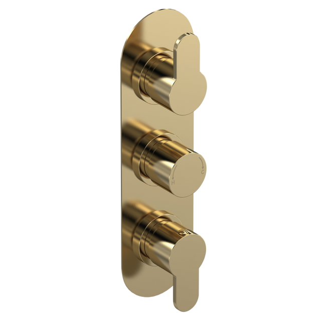 Nuie Arvan Diverter triple handle thermostatic concealed shower valve in brushed brass finish