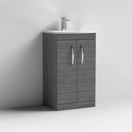 Nuie Athena 2-Door Floor Standing Vanity Unit in Brown Grey Avola with ceramic basin and soft close doors, 500mm wide bathroom storage cabinet