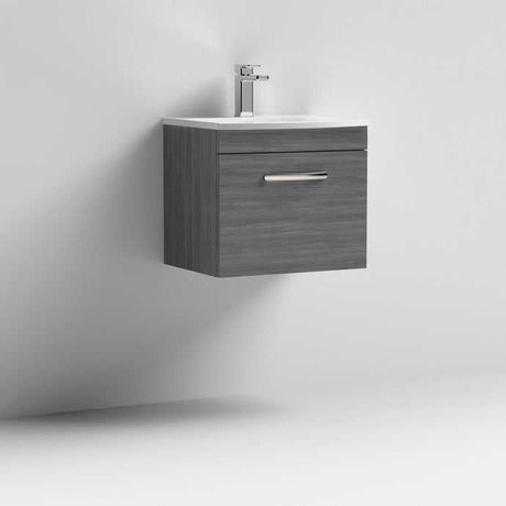 Nuie Athena 1-Drawer Wall Hung Vanity Unit with integrated Basin-4 in Brown Grey Avola finish, 500mm wide, modern bathroom storage solution