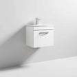 Nuie Athena 1-Drawer Wall-Hung Vanity unit in gloss white with basin and sleek handle, modern space-saving bathroom furniture.