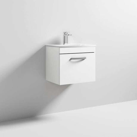 Nuie Athena 1-Drawer Wall-Hung Vanity unit in gloss white with basin and sleek handle, modern space-saving bathroom furniture.