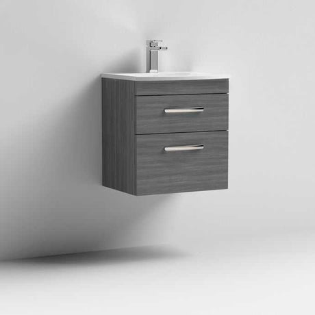 Nuie Athena 2-drawer modern wall hung vanity unit with basin in brown grey Avola finish