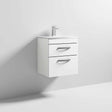Nuie Athena 2-drawer wall hung vanity unit with integrated basin, gloss white finish, 500mm wide.