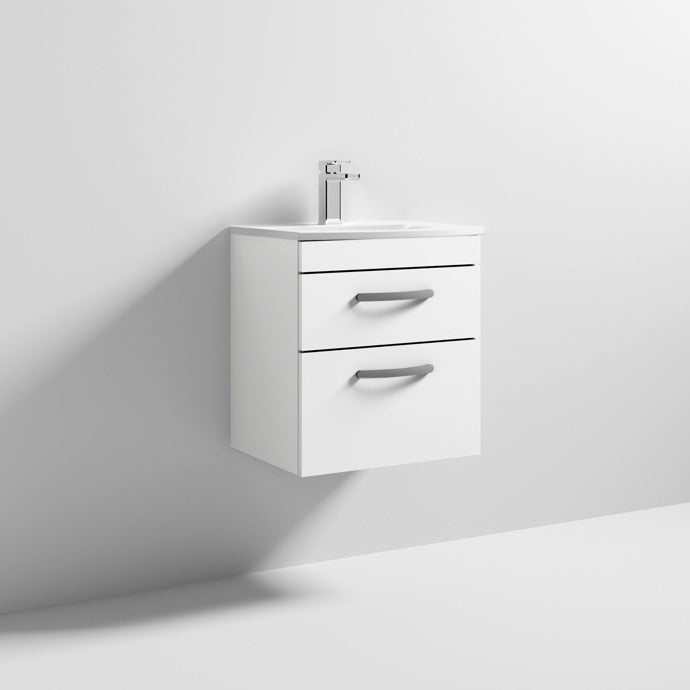 Nuie Athena 2-drawer wall hung vanity unit with integrated basin, gloss white finish, 500mm wide.