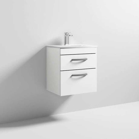 Nuie Athena 2-drawer wall hung vanity unit with integrated basin, gloss white finish, 500mm wide.