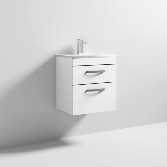 Nuie Athena 2-drawer wall hung vanity unit with integrated basin, gloss white finish, 500mm wide.