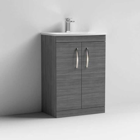 Nuie Athena Vanity Unit 600mm wide floor standing 2-door bathroom cabinet with integrated basin in brown grey Avola finish
