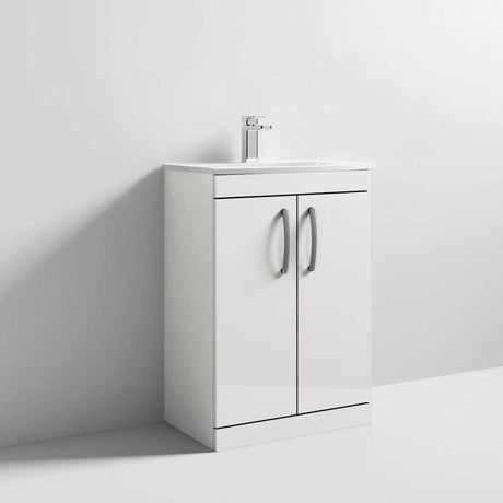 Nuie Athena Vanity Unit 600mm wide gloss white floor-standing bathroom cabinet with basin and two doors