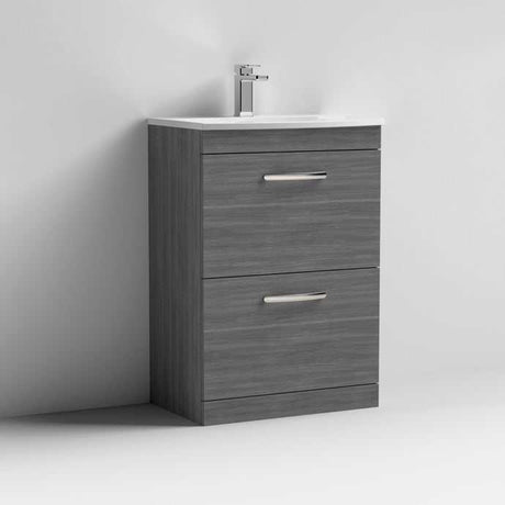 Nuie Athena 2-drawer floor standing vanity unit 600mm wide in brown grey avola with basin and chrome handles