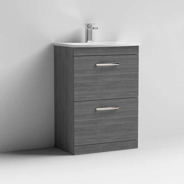 Nuie Athena 2-drawer floor standing vanity unit 600mm wide in brown grey avola with basin and chrome handles