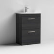 Nuie Athena 600mm wide black floor standing vanity unit with two drawers and white Polymarble basin
