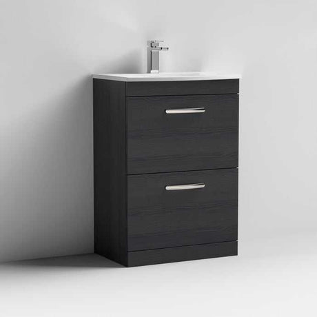 Nuie Athena 600mm wide black floor standing vanity unit with two drawers and white Polymarble basin