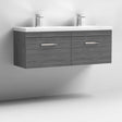 Nuie Athena 2-drawer wall hung vanity unit in brown grey Avola with double ceramic basin and modern chrome faucets.