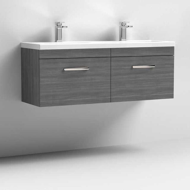 Nuie Athena 2-drawer wall hung vanity unit in brown grey Avola with double ceramic basin and modern chrome faucets.