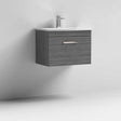 Nuie Athena 1-Drawer Wall Hung Vanity Unit with Brown Grey Avola finish and ceramic basin mounted on white wall
